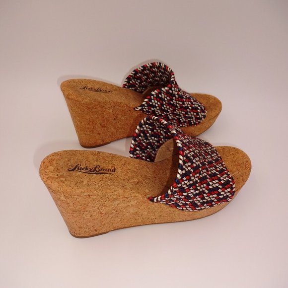 Womens 10M 10 Lucky Brand White Blue Red Slip On Platform Shoes Sandals Cork - Picture 3 of 9